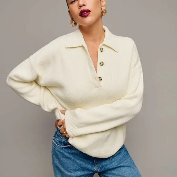 Reformation Brooklyn Cotton Polo Sweater Ivory - Size S - Picture 2 of 6